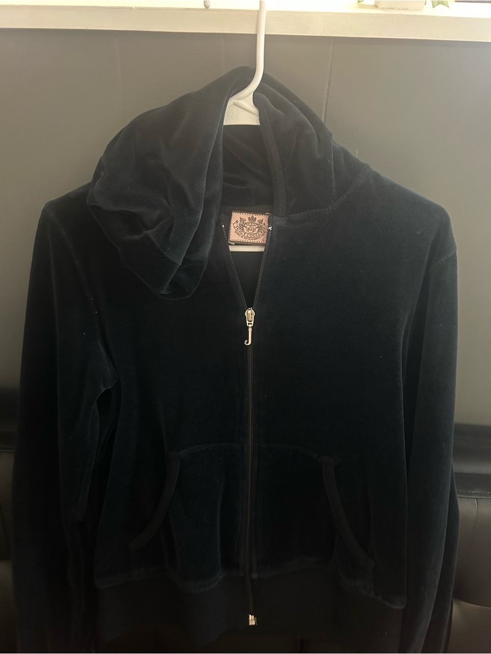 Juicy Couture Black Velvet Logo Sweatshirt with Rhinestone Crest - Picture 3 of 3